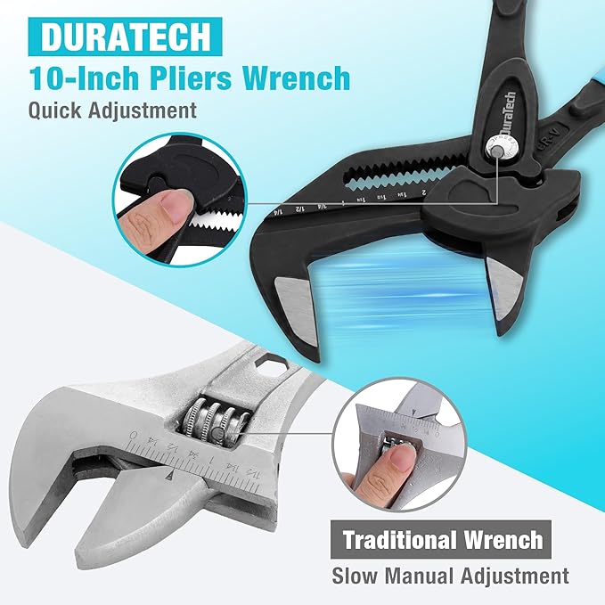 DURATECH 10-Inch Pliers Wrench, CR-V Steel Adjustable Wrench with Metric & SAE Scale, Black Finish Parallel Pliers with Ergonomic Grips, for Home Repair & Nut Tightening