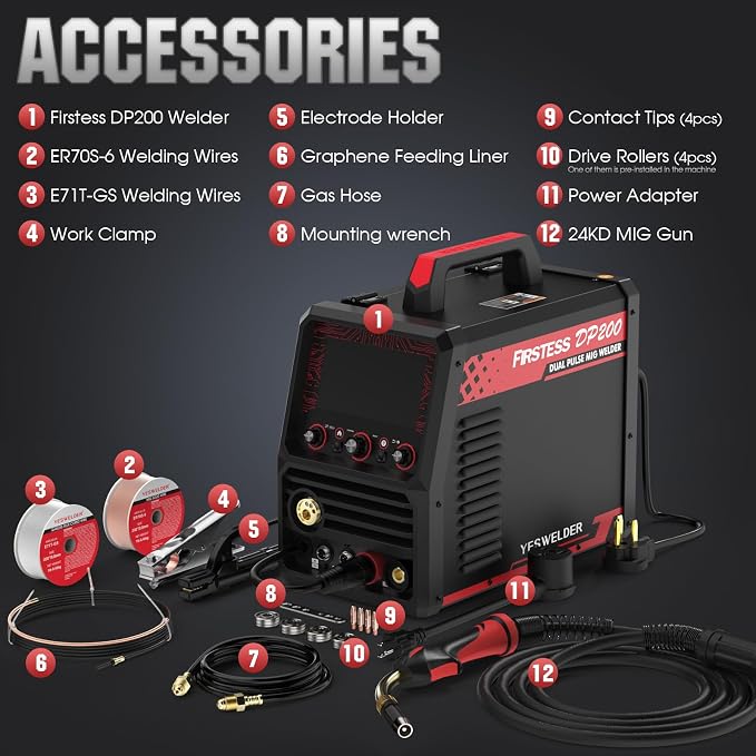 YESWELDER Multifunctional MIG Welder, Dual Pulsed 7-Inch LCD Screen 120V/240V, 6-In-1 MIG/Pulsed MIG/Flux Core/Spool Gun Compatible/Lift TIG/Stick Welding Machine DP200