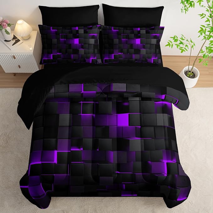 Nttopship Geometric Violet Black Twin Comforter Set,Light Honeycomb Bedding Set 7 Piece in A Bag,Bed Sheet Set Geometry Decor,Microfiber Lightweight All Season