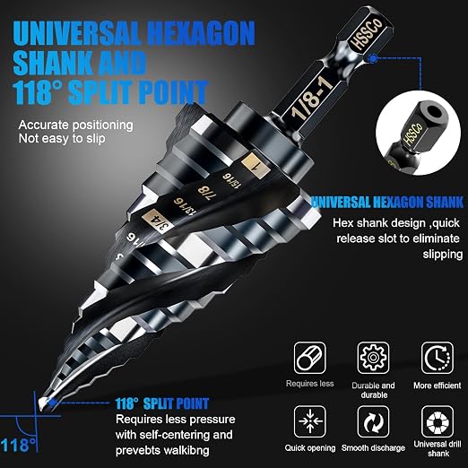 Four Spiral Flute M35 Step Drill Bit Set 1/4"-1"(3 pcs 30 Sizes), 1/4" Shank for Metal Step Drill bit, Impact Resistant Cobalt Step Drill Bit, for Stainless Steel, Wood, Aluminum, Plastic