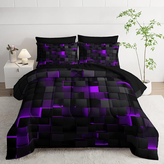 Nttopship Geometric Violet Black Full Comforter Set,Light Honeycomb Bedding Set 7 Piece in A Bag,Bed Sheet Set Geometry Decor,Microfiber Lightweight All Season