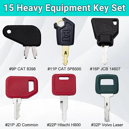 15PCS Multi Types Heavy Equipment Key Set Construction Master Equipment Set for Mahindra 3200 CH510 Linde 702 802 JCB 14607 CAT 5P8500 Takeuchi 201 Kubota 373 S8077 JD COM Volvo Laser Terex WA05