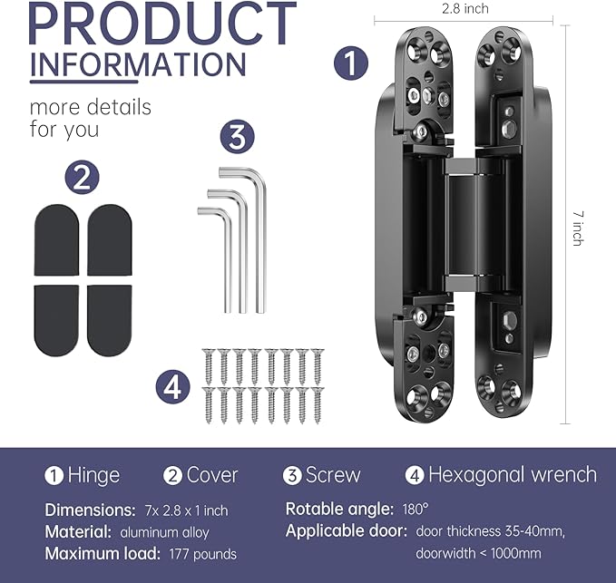 7" 2 pcs Hidden Hinges for Doors Invisible Hinges Concealed Zinc Alloy 180 Degree Swing 3 Way Adjustable Butt Silent Door Hinge 7 x 2.8 x 1 inch (Black