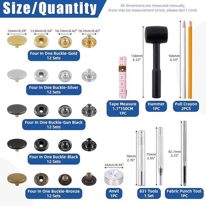 Glarks 60 Sets Leather Snap Fasteners Kit, 15mm 6 Colors Metal Snap Buttons Press Studs with 7Pcs Setting Tools, Hammer, Grease Pencils and Tape Measure for DIY Leather Craft, Clothes, Bags