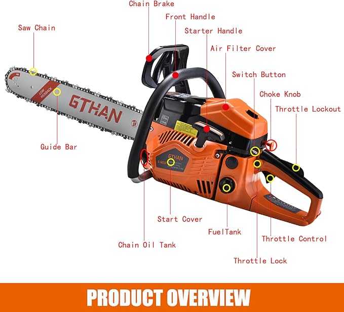 62cc Gas Powered Chainsaw 2-Cycle Gasoline Chain Saw with 20-Inch Guide Bar Cordless Gas Chainsaw for Tree Cutting Firewood Garden and Farm Use