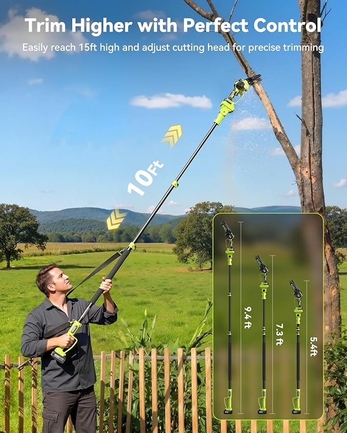 Electric Pole Saw, 6-Inch Cordless Mini Chainsaw with Extension Pole, Extendable to 16 ft, 2x4.0Ah Batteries, Tool-Free Chain Tensiong, Electric Pole Chainsaw for Tree Trimming & Thick Branch Cutting