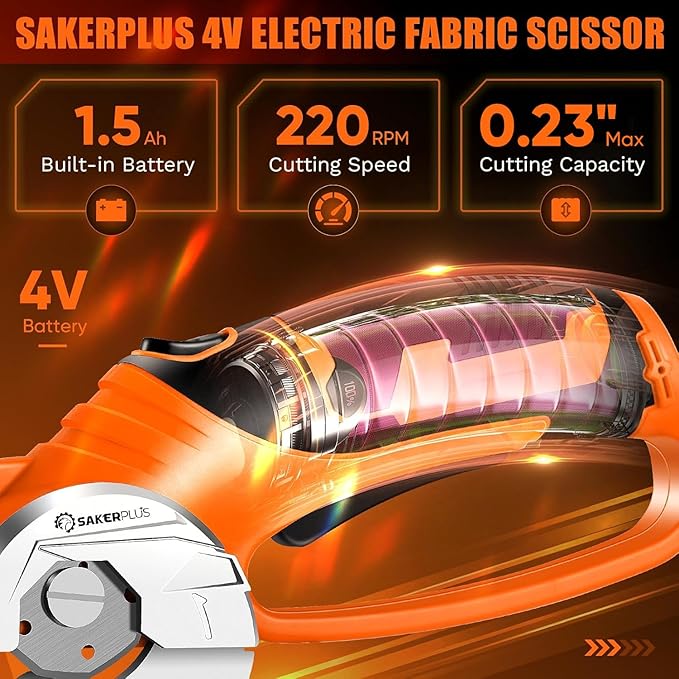 SakerPlus Cordless Electric Scissors, 4V Cardboard Cutter, Box Cutter Fabric Scissor with Safety Lock & LED Light, Rechargeable Power Rotary Cutters for Box Carpet Fabric Plastic Leather