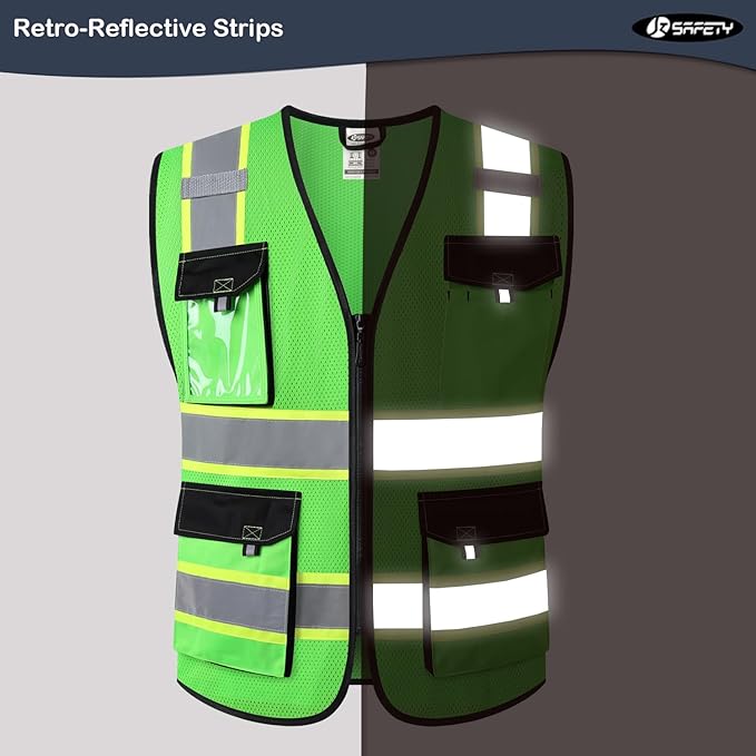 JKSafety Hi Vis Reflective Safety Vests for Men Women High Visibility Vest with Pockets Mesh Fabric Construction Safety Apparel Neon Vest for Work (220-Green XXL)