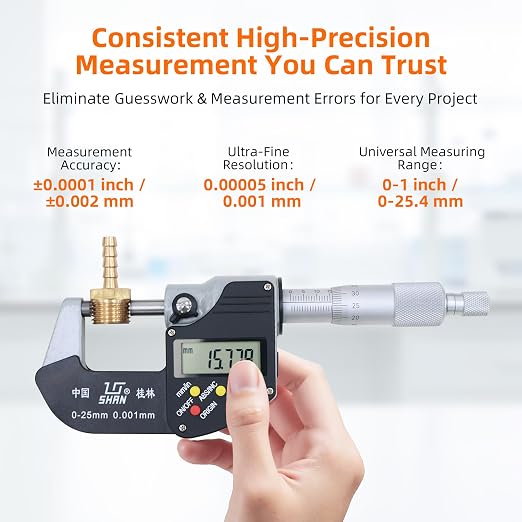 0-1 Professional Digital Micrometer，0.00005" /0.001mm Resolution，Digital Outside Micrometer with Carbide Tip 0-1" Range with Ratchet Stop, Precision Machinist Workshop Automotive Tools