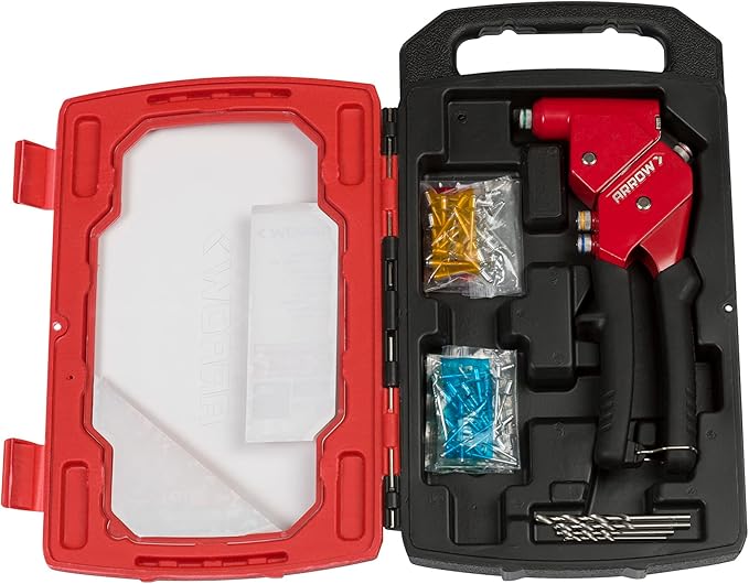 Arrow RT187SHK Swivel Head One-Handed Rivet Tool Kit, Manual Riveter Set for Metal and Auto Repair, uses 3/32", 1/8", 5/32", 3/16" Rivets, Includes Storage Case, 100 Rivets, and 4 Drill Bits