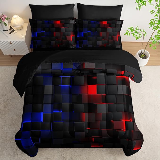 Nttopship Red and Blue Checkered Comforter Set Twin Honeycomb Bedding Sets,Light Honeycomb Bedding Set 7 Piece in A Bag,Bed Sheet Set Geometry Decor,Microfiber Lightweight All Season