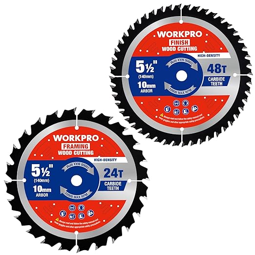 WORKPRO 5-1/2 Inch Woodworking Circular Saw Blades, 24T/48T Framing & Finish Combo, Thin Kerf, Carbide Tipped, ATB Tooth, 2-Pack