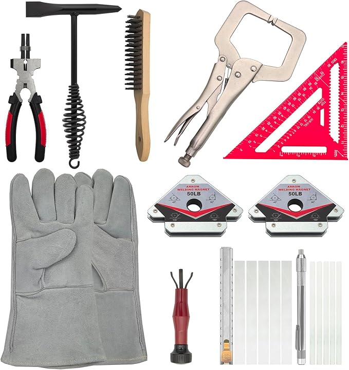 GUTIMORE MIG Welding Tools,22pcs,Chipping Hammer,13.5" Leather Welding Gloves,7" Speed Square,11" Welding Clamp,Soapstone Holder,50LB Welding Magnet,8" Welpers Pliers,MIG Nozzle Reamer,Wire Brush