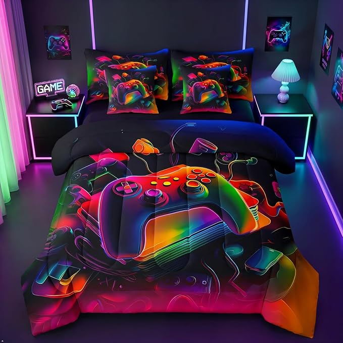 Erosebridal Gamer 7 Piece Comforter Set Full Bed in a Bag | Game Consoles Bedding Sets Modern Gaming Comforter and Sheet Set, Abstract Vintage Bed Sets