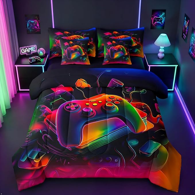 Erosebridal Gamer Comforter Set 7 Piece Bed in a Bag Twin | Game Consoles Bedding Sets Modern Gaming Comforter and Sheet Set, Abstract Vintage Bed Sets