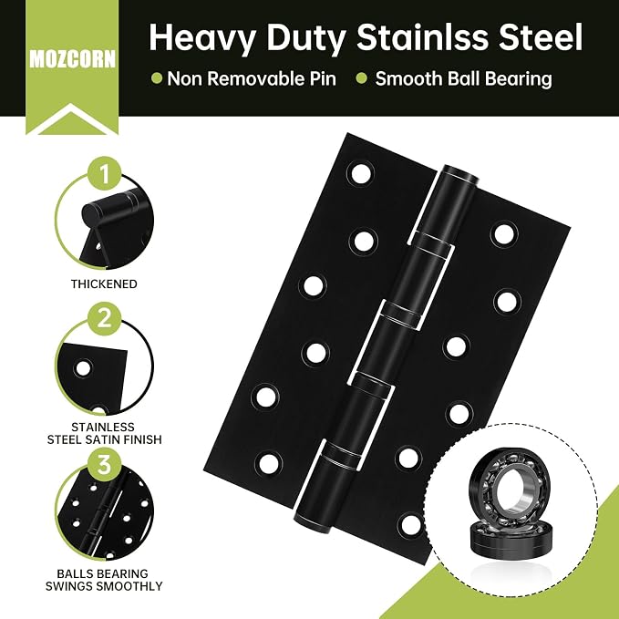6 Pack Black Door Hinges 6 Inches Ball Bearing Hinges Heavy Duty Stainless Steel Hinge with Screws, Square Corner, Smooth and Quiet