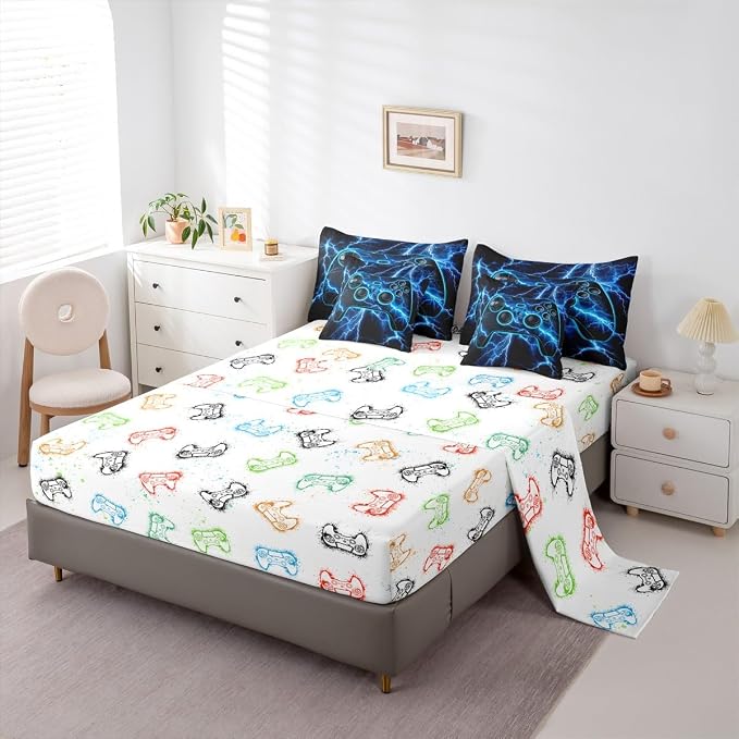 Erosebridal Gaming Bed in a Bag Queen Comforter Set 7-Piece, Gamer Bedding Sets Video Game Consoles Comforter and Sheet Set, Blue Lightning Room Decor,Gamer Room Decor for Boys