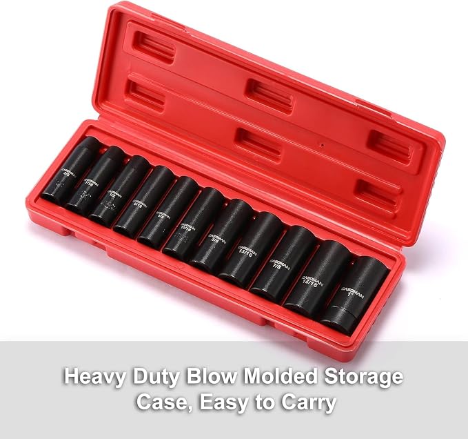 CASOMAN 11 Pieces 1/2-Inch Drive Deep Impact Socket Set, SAE, 6-Point, 3/8-Inch to 1-Inch