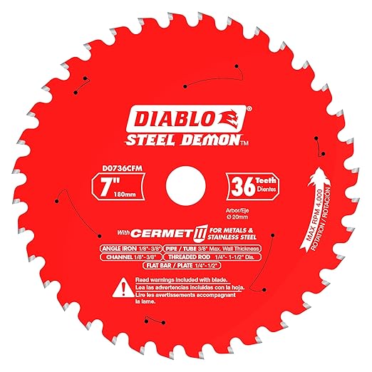 Diablo Steel Demon Cermet II Saw Blade for Thick Metal - 7" Diameter, 36 TCG Teeth, 20mm Arbor, .075" Kerf, 0° Hook Angle, .063" Plate, 5800 Max RPM - D0736CFM
