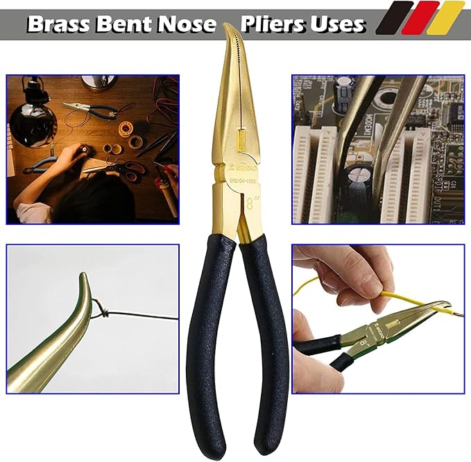 WEDO Bent Nose Pliers - 8" Brass Needle Nose Pliers with Non-Slip Handle, Length 200mm