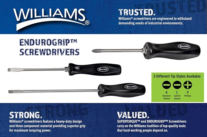 Williams 5-Piece Endurogrip Multi-Size Screwdriver Set, Keystone Slots Hex Bolster & Phillips, Comfort Grip Prevents Slippage, Extra Strength Steel Chrome Blades