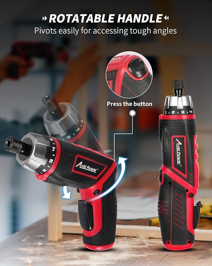 AVID POWER Electric Screwdriver Set Rechargeable 4V Cordless Screwdriver Kit with 11pcs Accessories, 5.65Nm Screw Gun, 5+1 Torque Setting, 2 Position Handle with LED Light-Dark Red