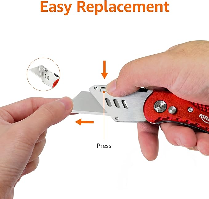 Amazon Basics Folding Utility Knife Box Cutter with Back-lock Mechanism, Portable Lightweight Aluminum Handle, Red