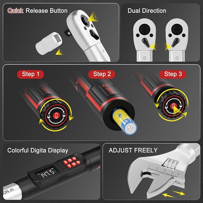 VANPO Adjustable Digital Torque Wrench, 7.38-147.5 Ft.lb/10-200Nm for HVAC | 38mm Jaw & 1/2" Ratchet, 14×18mm Open End, ±2% Accuracy, Vibration, Buzzer and LED Indicator, for Split AC, Auto, Plumbing
