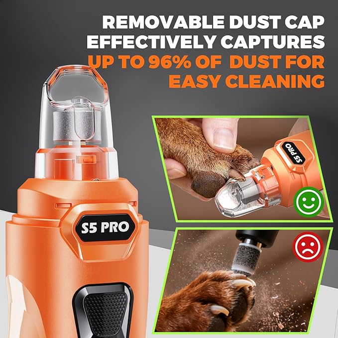 Whisper Quiet Dog Nail Grinder with 4 LED Lights, Safe & Stress-Free for Sensitive Dogs of All Breeds & Sizes, 3 Grinding Bits, 3-Speed, Pet Nail Trimmers, Rechargeable Painless Grooming Kit Orange