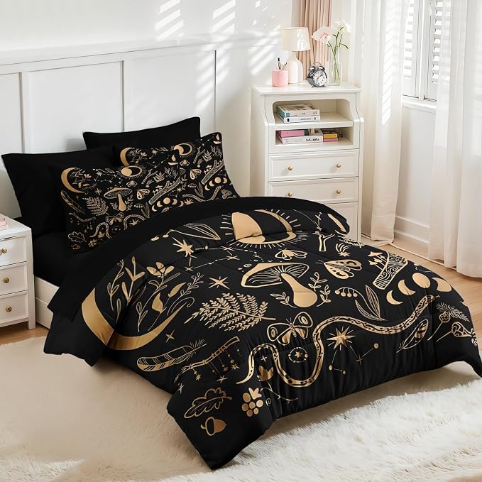 Nesker Comforter Set Full Size, Golden Mushroom Moon 7 Pcs Bedding for Kids and Adults, Moth Vintage Gold Bed Sheet Sets with Fitted Sheet 2 Pillowcases & 2 Shams