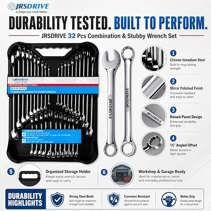 32-Piece SAE & Metric Combination Wrench Set – Standard & Stubby Wrenches, Chrome Vanadium Steel, 12-Point Box End, Mirror Chrome Finish with Organizer Tray for Automotive & Home Repair