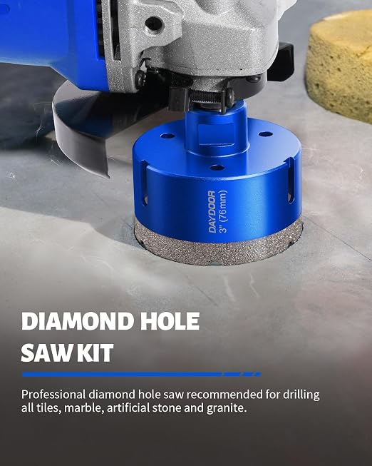 DAYDOOR Diamond Hole Saw Kit, 13-Piece Tile Hole Saw Kit 1/4" 5/16" 4/5" 1" 1-3/8" 2" 3" 4",Vacuum Brazed Core Drill Bits for Porcelain Tile, Granite, Marble, Stone(Blue)