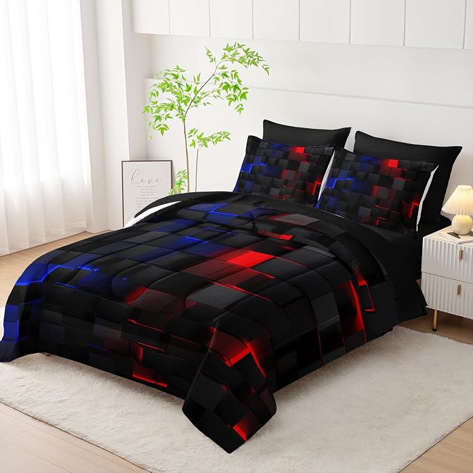 Nttopship Red and Blue Checkered Comforter Set Full Honeycomb Bedding Sets,Light Honeycomb Bedding Set 7 Piece in A Bag,Bed Sheet Set Geometry Decor,Microfiber Lightweight All Season