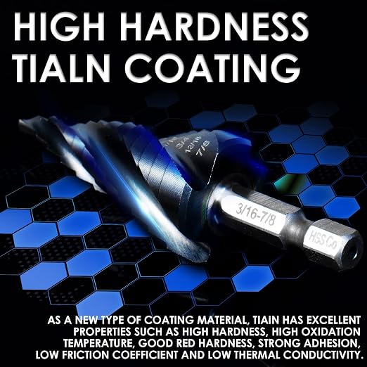 Matework M35 Cobalt Step Drill Bit, Four Spiral Flute Unibit Step Drill Bit (3/16"-7/8") Wear-Resistant TiAlN Coated, 1/4" Hex Shank for Metal, Carbon Steel, Stainless Steel, Wood, Plastic (12 Size)