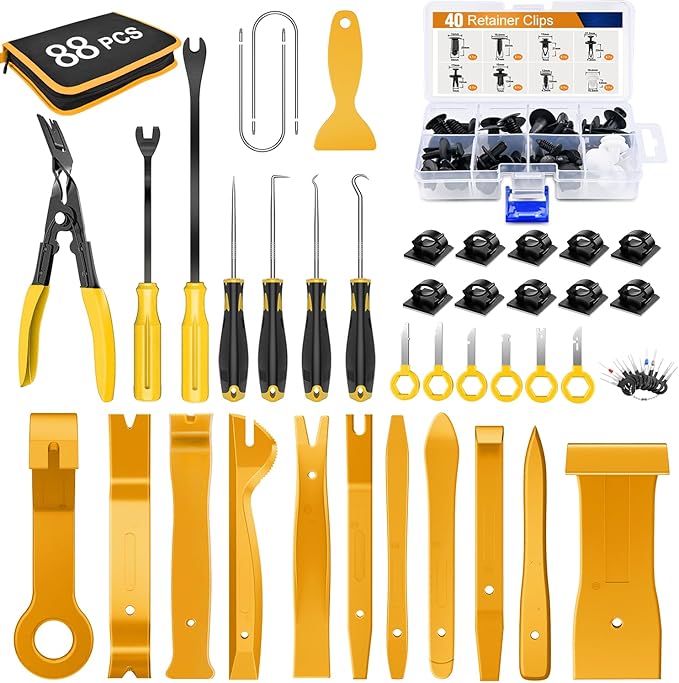 GOOACC 88Pcs Trim Removal Tool, Auto Push Pin Bumper Retainer Clip Set Fastener Terminal Remover Tool Adhesive Cable Clips Removal Kit Car Panel Radio Removal Auto Clip Pliers, Yellow