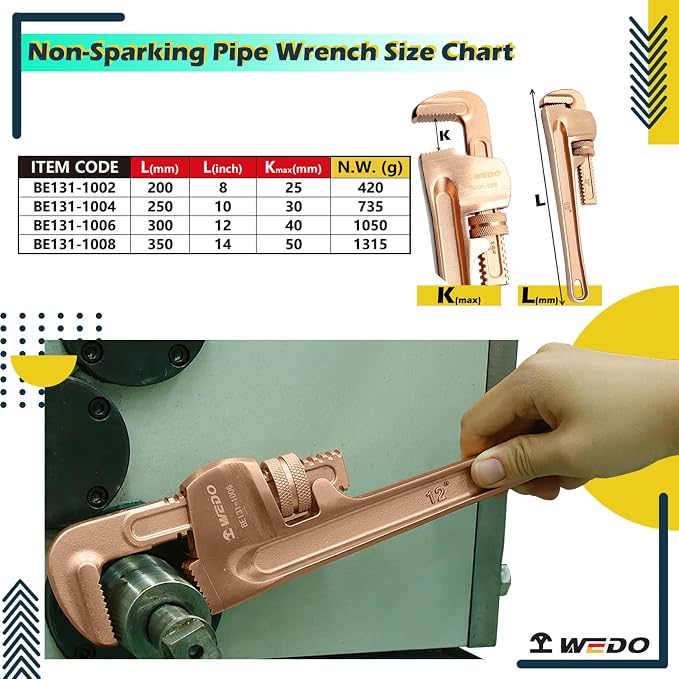 WEDO Non-Sparking Pipe Wrench Set,8" 10" 12" 14",4PCS Spark-Free Straight Plumbing Wrench Set, No Spark Safety Adjustable Spanner, Beryllium Copper,Non-Magnetic,Corrosion Resistant,DIN/BAM/FM Standard