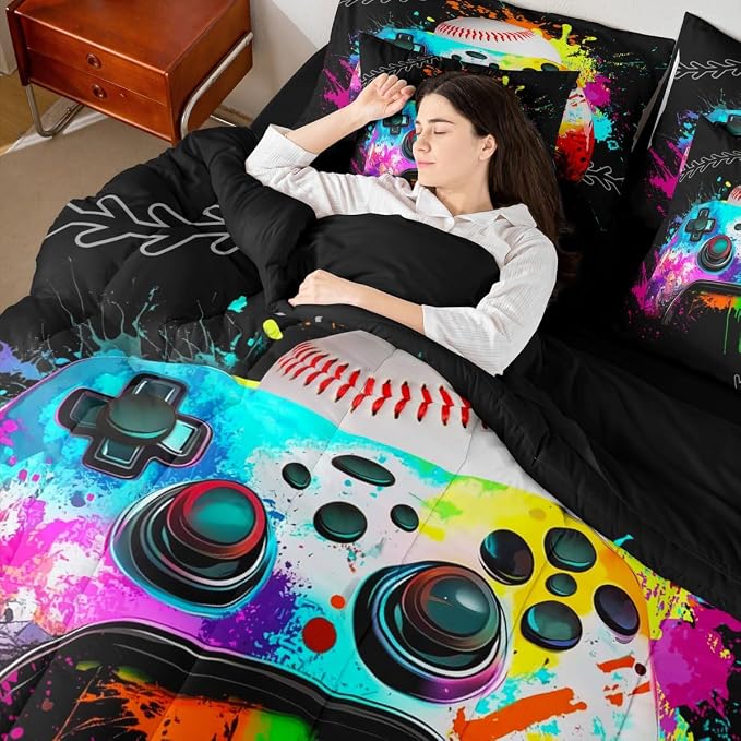 Erosebridal Gaming Consoles Comforter Set 7 Piece Bed in a Bag Twin,Baseball Bedding Set,Gamer Comforter and Sheet Set Rainbow Tie Dye Bed Set,Gamer Decor for Boys Bedroom Decor Gamer Gifts
