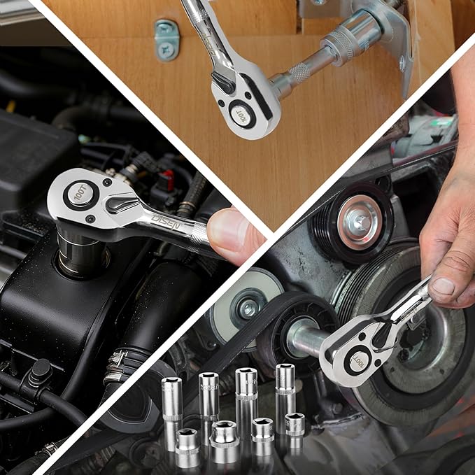 DISEN 3-Piece Stubby Ratchet Set – 1/4", 3/8", 1/2" Drive | 100-Tooth Ratchet with EVA Storage Tray | Quick Release Button | Non-Slip Grip | Reversible 3.6° Design for Tight Spaces, Chrome Finish