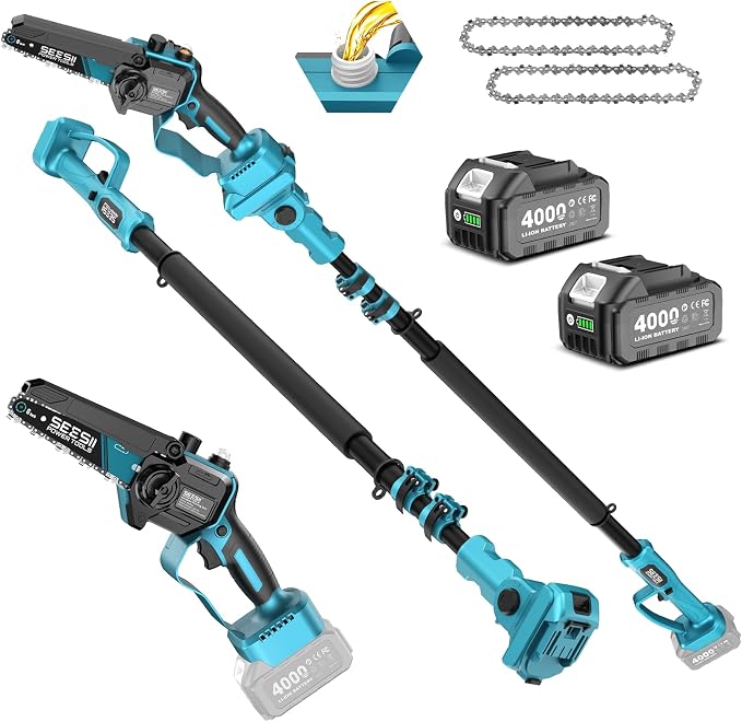 SEESII 2-in-1 Cordless Pole Saws & Mini Chainsaw 6 Inch for Tree Trimming | 2 x 4000mAh Batteries, Handheld Cutter with 10FT Extension Pole for Pruning, Yard Cleanup, Ideal for Homeowners Gardeners