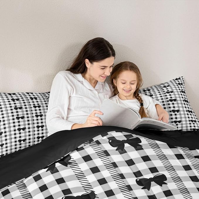 Feelyou Bow Checkered Comforter Set Full Size Chic Grid Bowknot Bedding Set for Kids Boys Girls Girly Black Duvet Quilt Bedroom Decor Microfiber 3 Pcs with 2 Pillow Cases