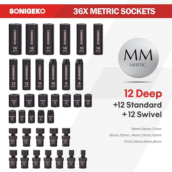 67-Piece 3/8" Drive Impact Socket Set,SAE 5/16"-3/4" & Metric 8-19mm | 6 Point CR-V Steel Sockets,Extension Bars ,20-Piece CR-MO Swivel Sockets, Universal Joint, Ratchet Handle and Adapter