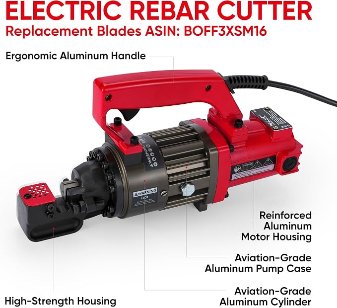 Electric Hydraulic Rebar Cutter, 1000W 120V Corded, Portable Steel Bar Cutter, 5/8" (#5) 4-16mm Capacity,Cutting Speed 1s, Lightweight 16.5 lbs, Model PC-16 (Red-16)