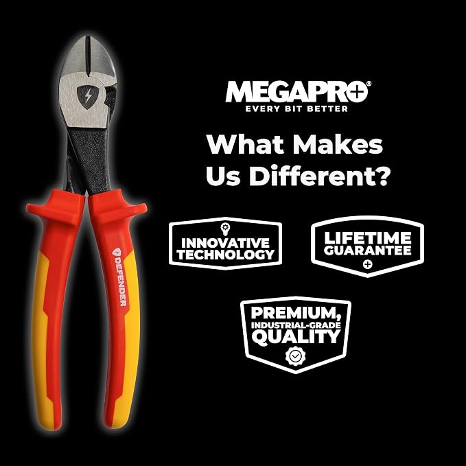 MEGAPRO® DEFENDER Pliers | 1000V VDE Certified | 8.5" Long | Insulated | Electricians Tools (Diagonal Cutters)