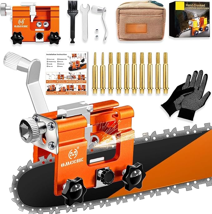 Portable Manual Chainsaw Sharpener Jig Kit, Chainsaw Sharpener Tool with 10 High Hardness Titanium Plated Diamond Bits Chain Saws Blade Sharpener Chainsaw Accessories fit for 4"-22" Chain Saw