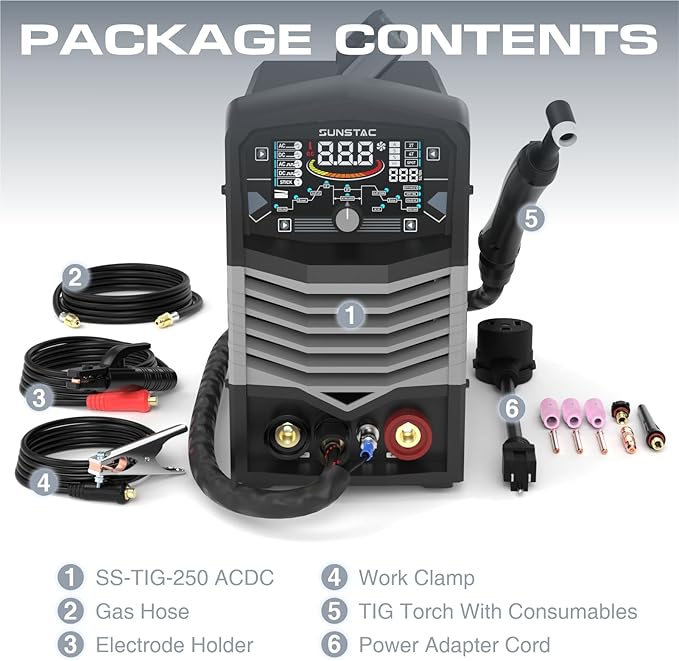 Sunstac 250A AC/DC Aluminum TIG Welder with Pulse, 110V/220V Dual Voltage TIG Welding Machine with DC TIG/AC TIG/Pulse TIG/SPOT TIG/Stick