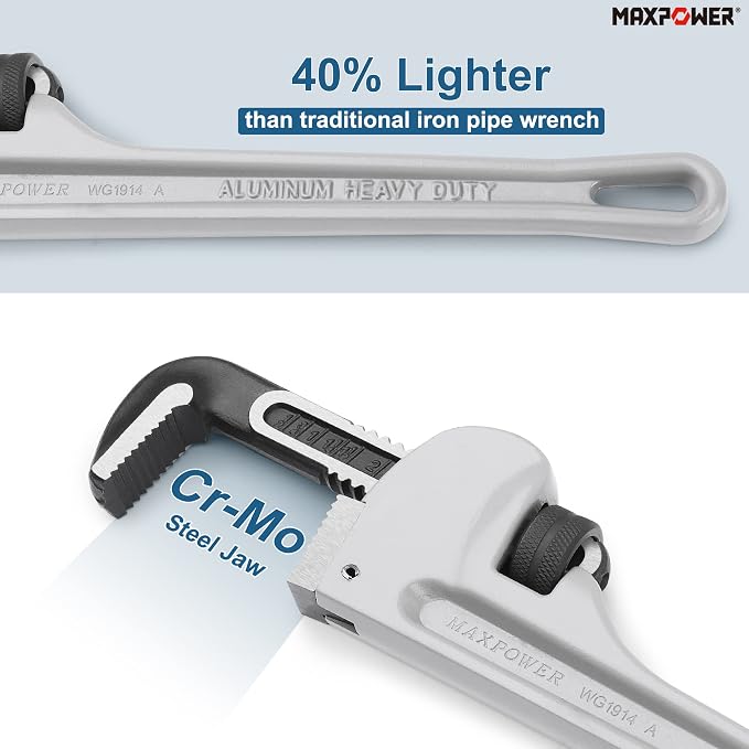 MAXPOWER 14-Inch Pipe Wrench, 2-inch Jaw Capacity | 40% Lighter Aluminum Plumbing Wrench, Heavy Duty Straight Pipe Wrenches