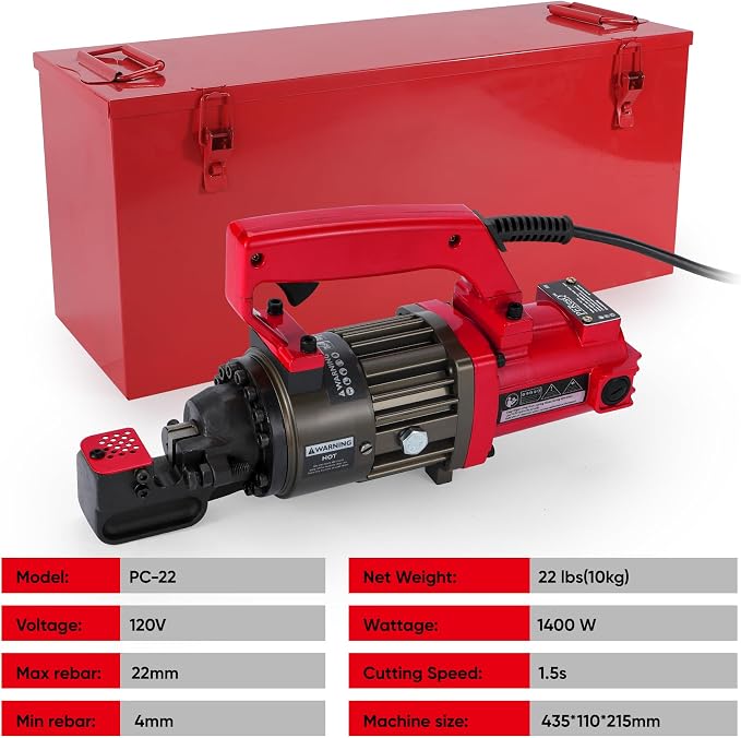 Electric Rebar Cutter, Portable 1400W Hydraulic Rebar Cutting Tool, Cuts up to 7/8 in (#7) / 4–22mm, 120V Corded, 1.5s Fast Cut, 22 lb, Model PC-22