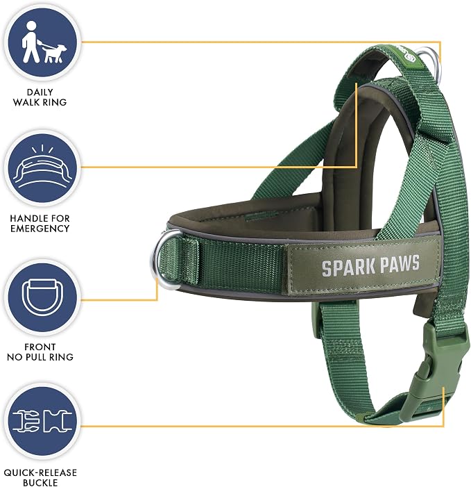 Spark Paws No Pull Front Clip Dog Harness - Easy On, Padded and Lightweight | Two Clips, On in Seconds, Chest Bearing, Australian Style, No Throat Pressure, for Small Medium and Large Breeds