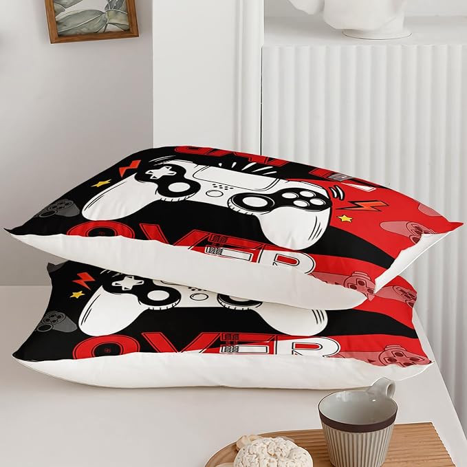 Axolotl Gamer Comforter Set Full, 3Pcs Gaming Gamepad Bedding for Men, Games Console Bedding for Adults Room, Video Game Controller Room Decor Gaming Bed Set 1 Comforter with 2 Pillowcases, Black Red