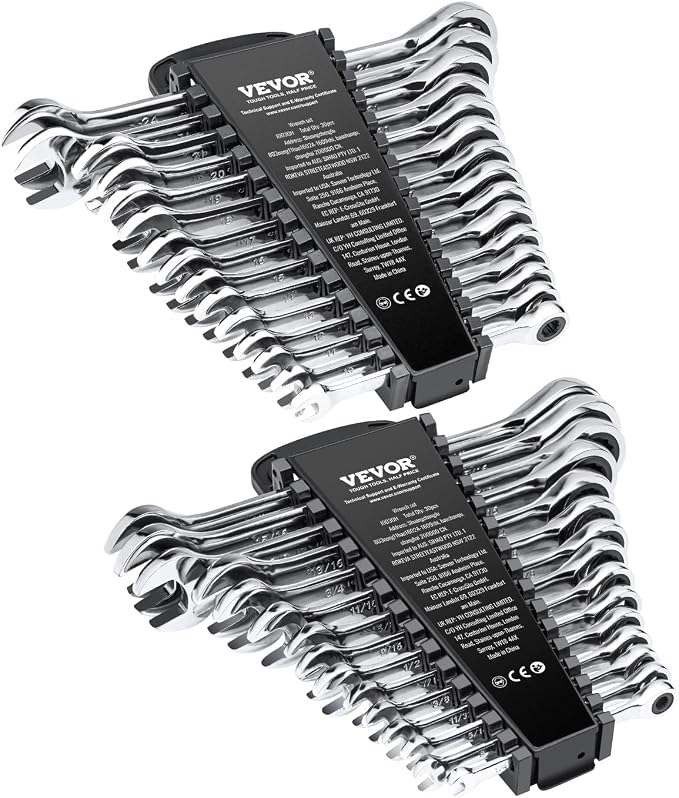 VEVOR Ratcheting Wrench Set, 30-Piece Combination Wrench Set, 72 Teeth | SAE 1/4" to 1", Metric 8 mm to 24 mm, Cr-V Steel, with Organizer Rack, for General Household, Garage, Workshop, Emergency